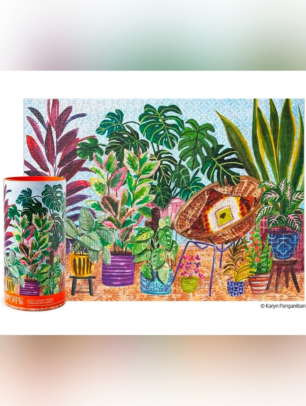 Botanical Puzzle Print Featuring Lush Potted Plants - Green & Purple Accents